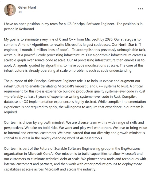 Galen Hunt original linkedin post