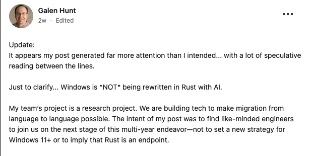 Galen Hunt updated linkedin post